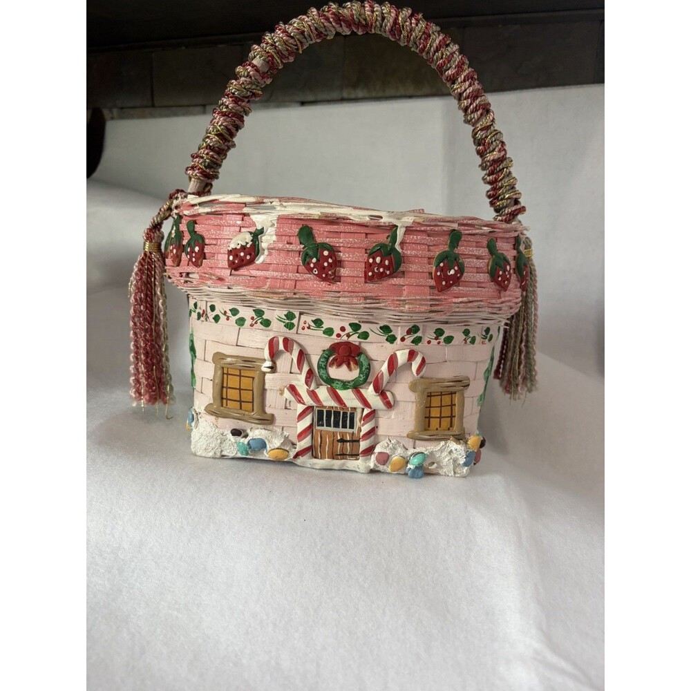 Vintage Hand painted Basket Holiday Decor Christmas Pink Red